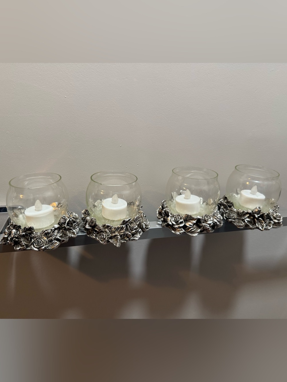 Goth Silver Rose Glass Tea Lights Set of 4